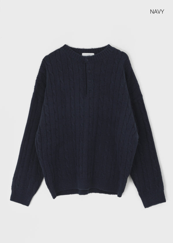 (UNISEX) Nyanyong Cable Henley Neck Loose Fit Knit
