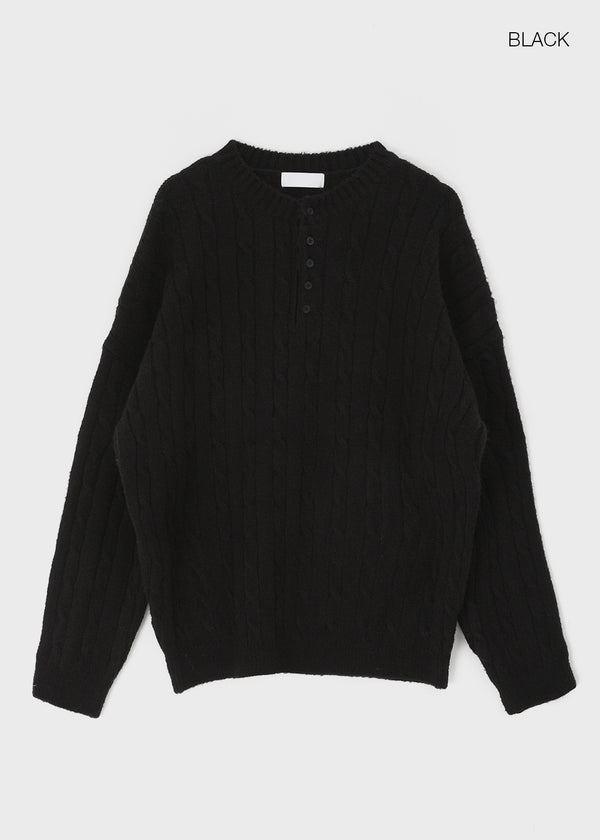 (UNISEX) Nyanyong Cable Henley Neck Loose Fit Knit