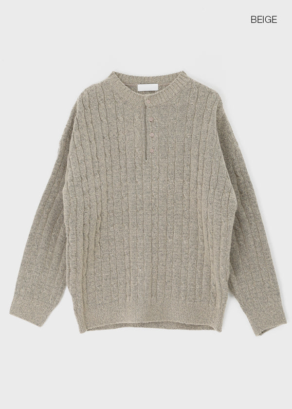 (UNISEX) Nyanyong Cable Henley Neck Loose Fit Knit