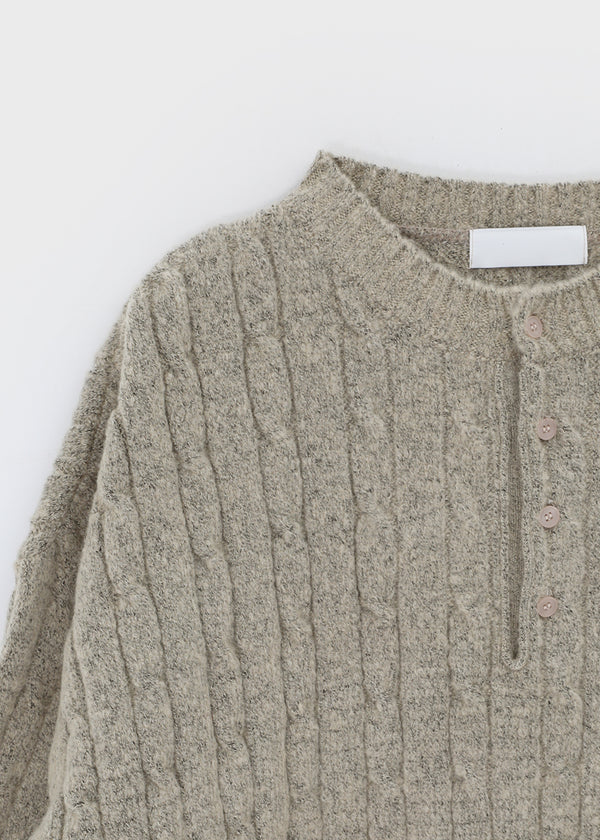 (UNISEX) Nyanyong Cable Henley Neck Loose Fit Knit