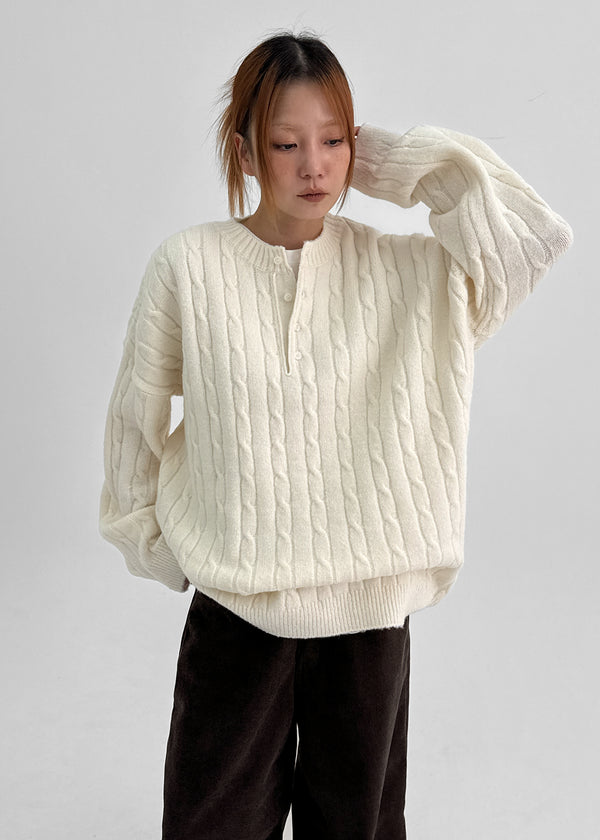 (UNISEX) Nyanyong Cable Henley Neck Loose Fit Knit