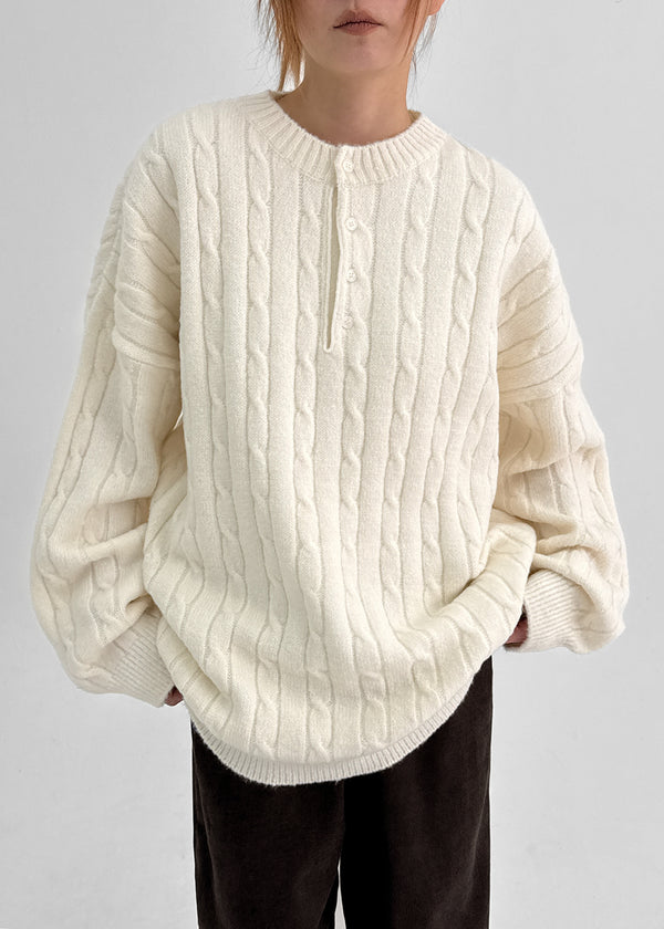 (UNISEX) Nyanyong Cable Henley Neck Loose Fit Knit