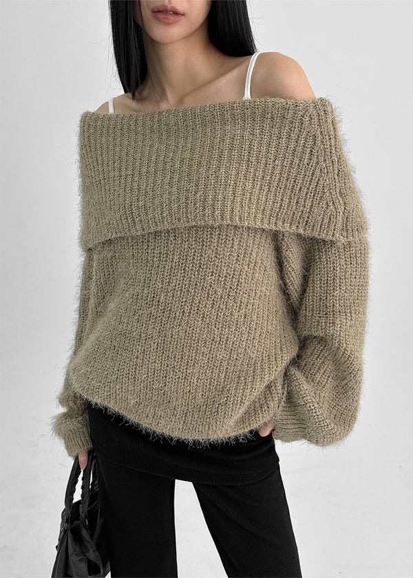 Romtin Overfit Boucle Off-shoulder Knit
