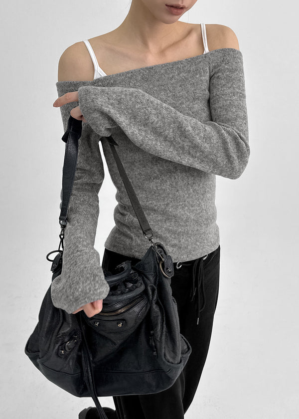 Lopea Fleece Off-shoulder Long-sleeved T-shirt