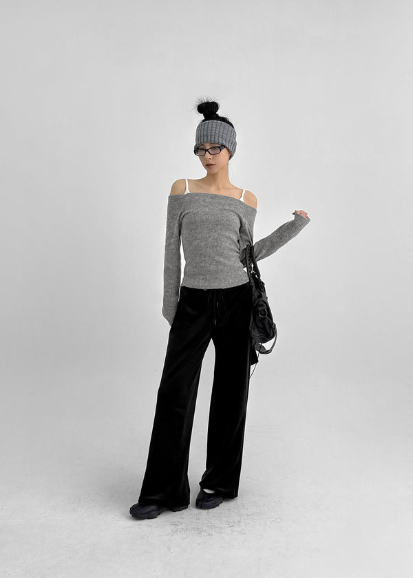 Lopea Fleece Off-shoulder Long-sleeved T-shirt