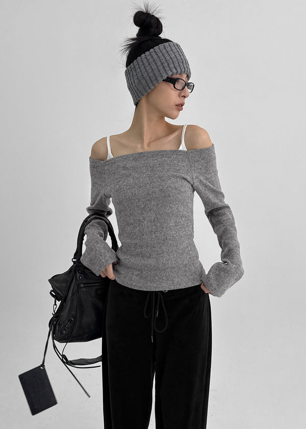 Lopea Fleece Off-shoulder Long-sleeved T-shirt