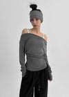 Pomnut Off-shoulder Drape Shirring Long Sleeve T-shirt