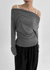 Pomnut Off-shoulder Drape Shirring Long Sleeve T-shirt