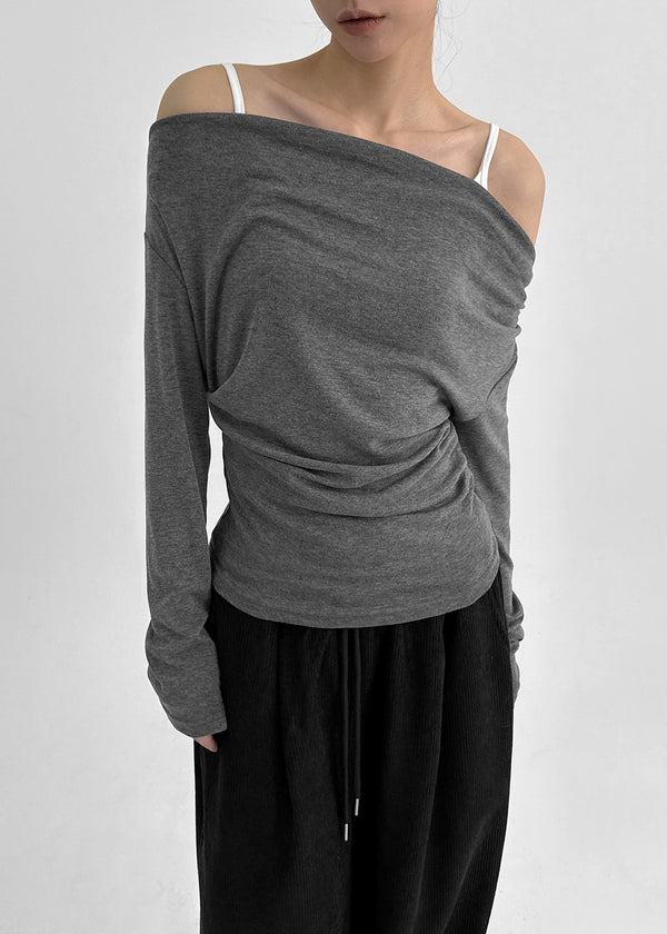 Pomnut Off-shoulder Drape Shirring Long Sleeve T-shirt
