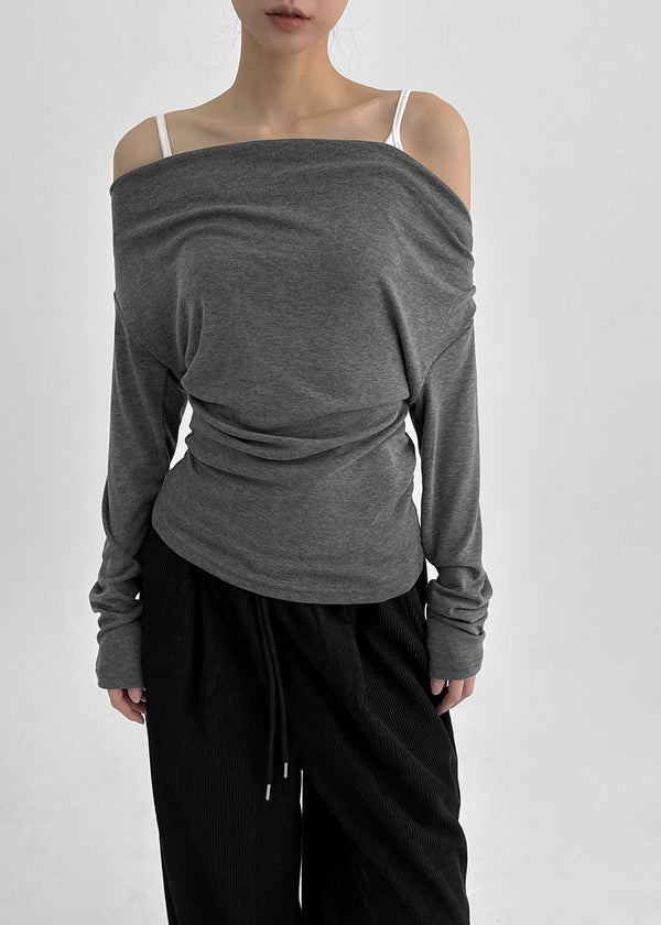 Pomnut Off-shoulder Drape Shirring Long Sleeve T-shirt