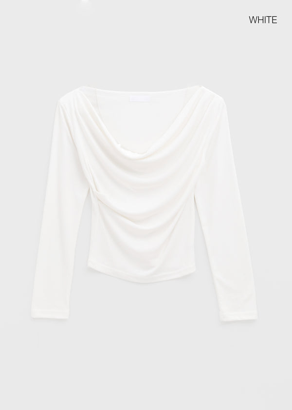 Pomnut Off-shoulder Drape Shirring Long Sleeve T-shirt