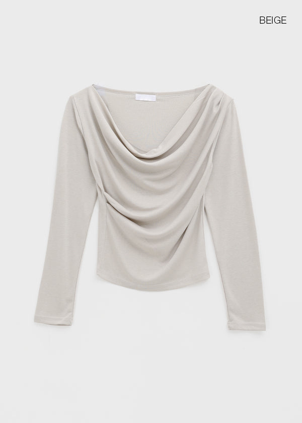 Pomnut Off-shoulder Drape Shirring Long Sleeve T-shirt