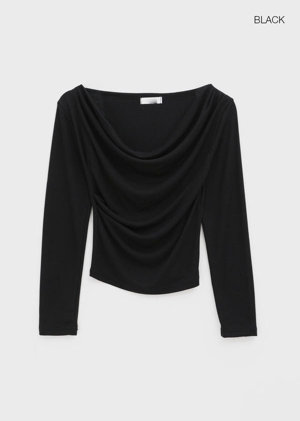 Pomnut Off-shoulder Drape Shirring Long Sleeve T-shirt