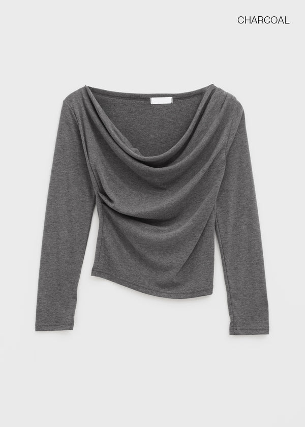 Pomnut Off-shoulder Drape Shirring Long Sleeve T-shirt