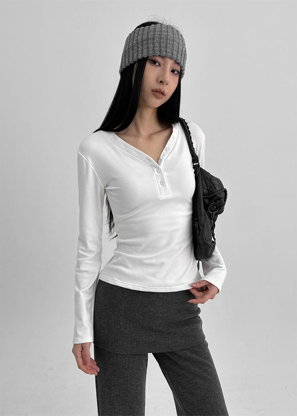 Kangsua V-neck Button-down Fleece Long-sleeved T-shirt