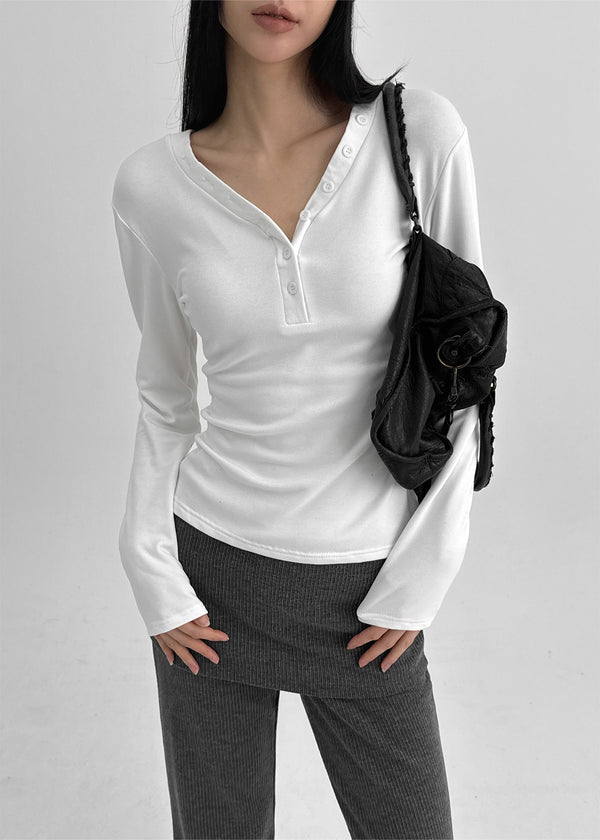 Kangsua V-neck Button-down Fleece Long-sleeved T-shirt