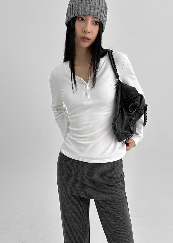 Kangsua V-neck Button-down Fleece Long-sleeved T-shirt