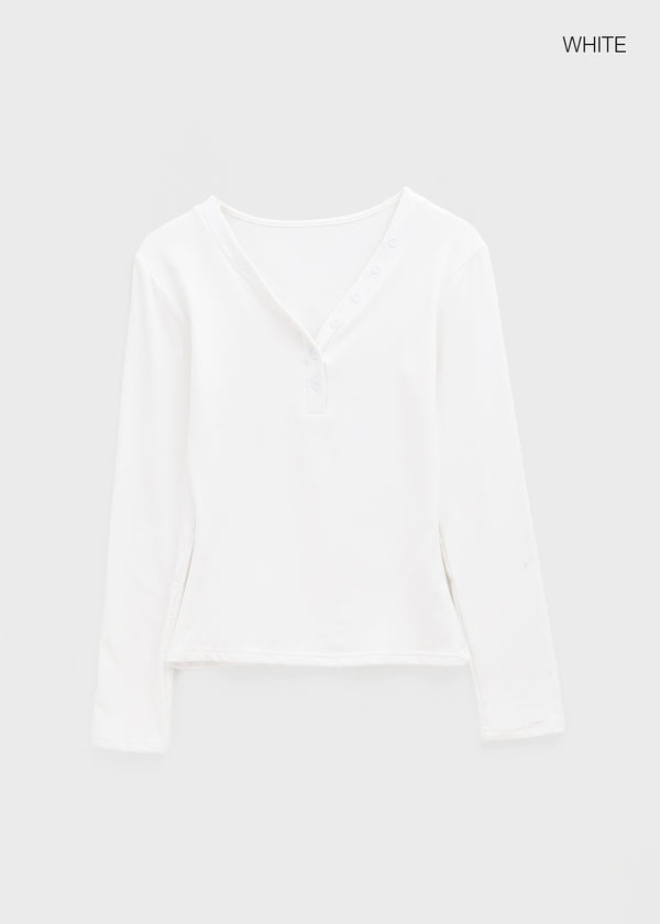 Kangsua V-neck Button-down Fleece Long-sleeved T-shirt