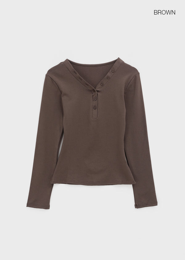 Kangsua V-neck Button-down Fleece Long-sleeved T-shirt