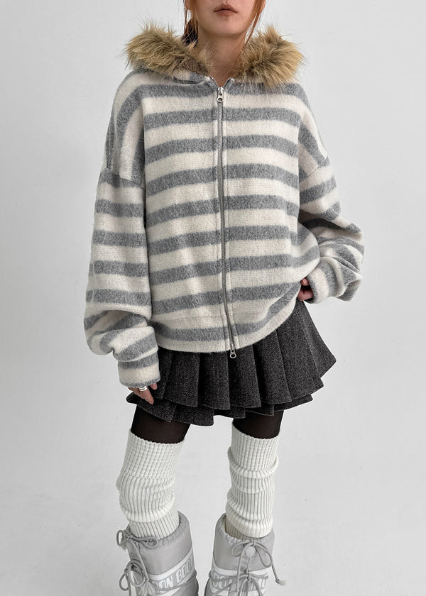 Combing Stripe Fleece Fur Hooded Zip-up