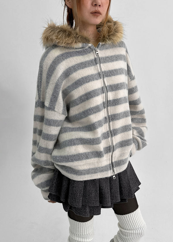 Combing Stripe Fleece Fur Hooded Zip-up