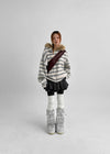 Combing Stripe Fleece Fur Hooded Zip-up