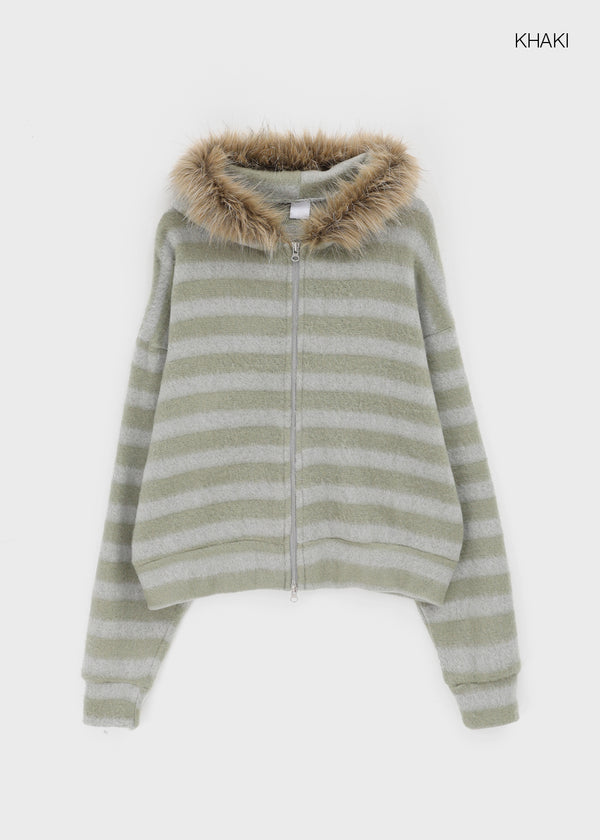 Combing Stripe Fleece Fur Hooded Zip-up