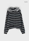 Combing Stripe Fleece Fur Hooded Zip-up
