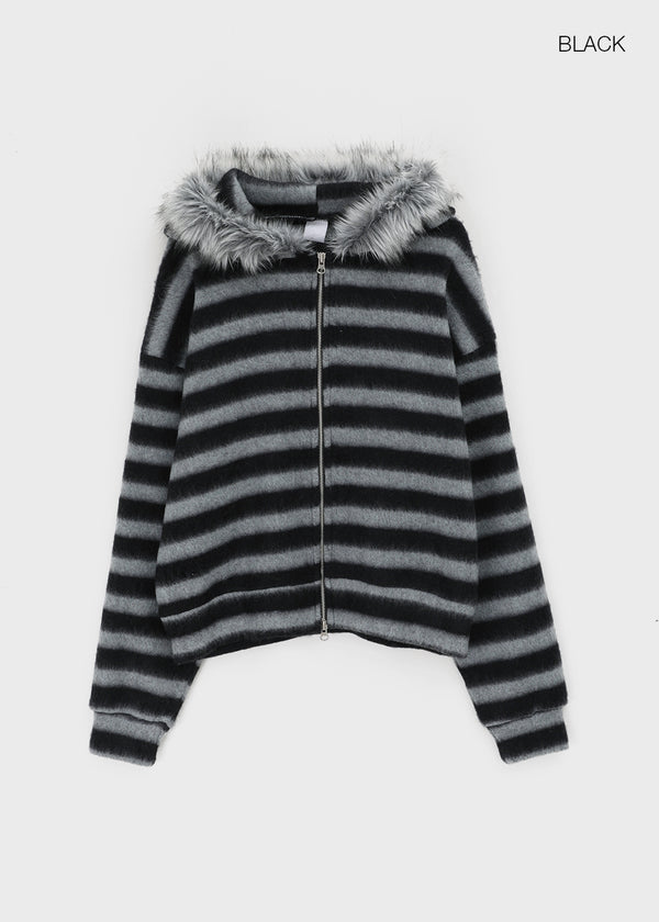 Combing Stripe Fleece Fur Hooded Zip-up