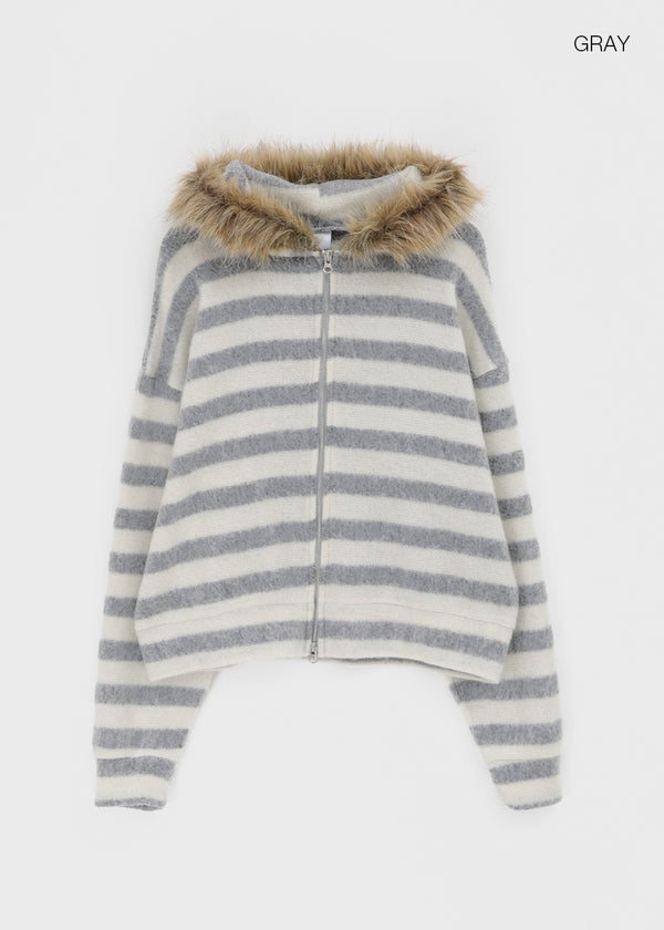Combing Stripe Fleece Fur Hooded Zip-up