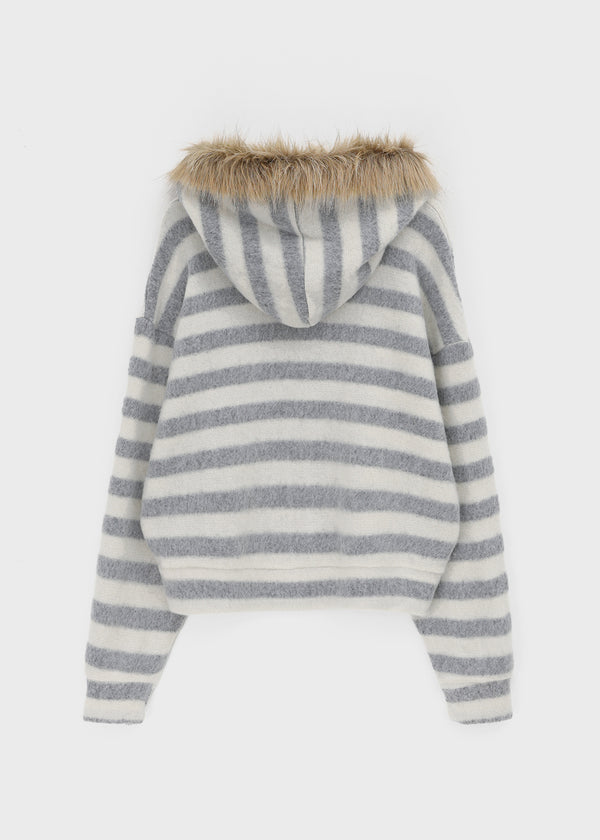 Combing Stripe Fleece Fur Hooded Zip-up