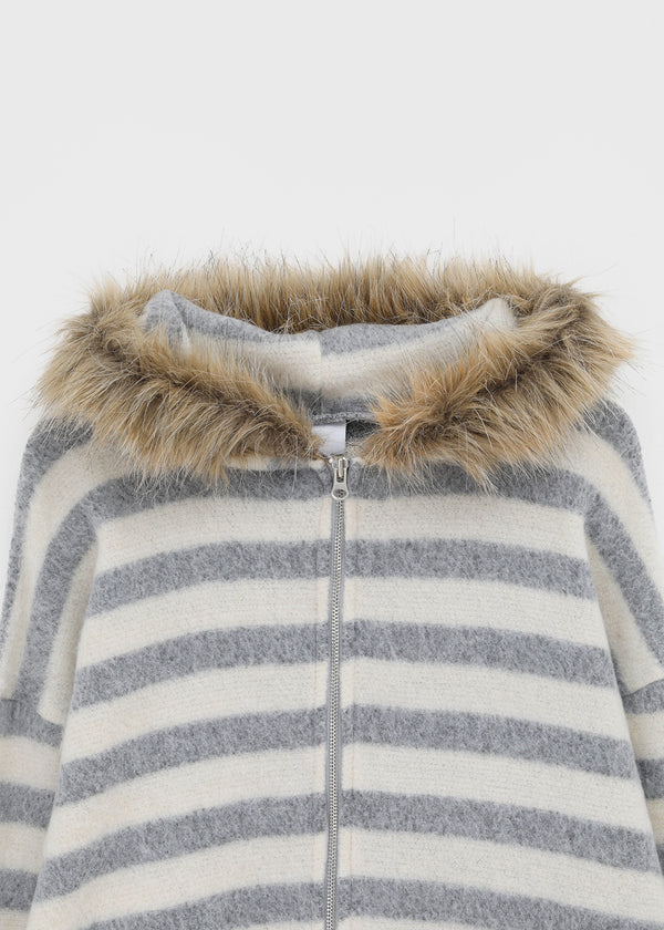 Combing Stripe Fleece Fur Hooded Zip-up