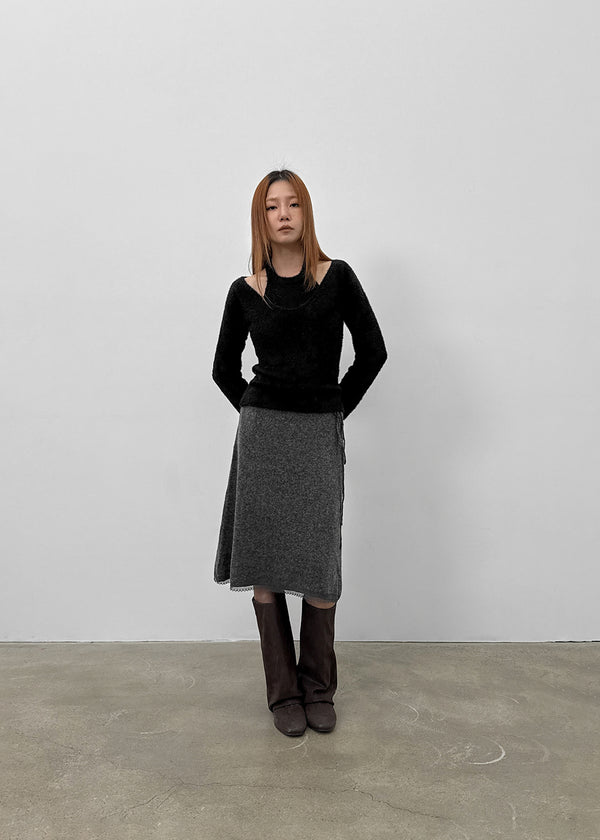 Hocon Strap Lace Wool Knit Midi Skirt