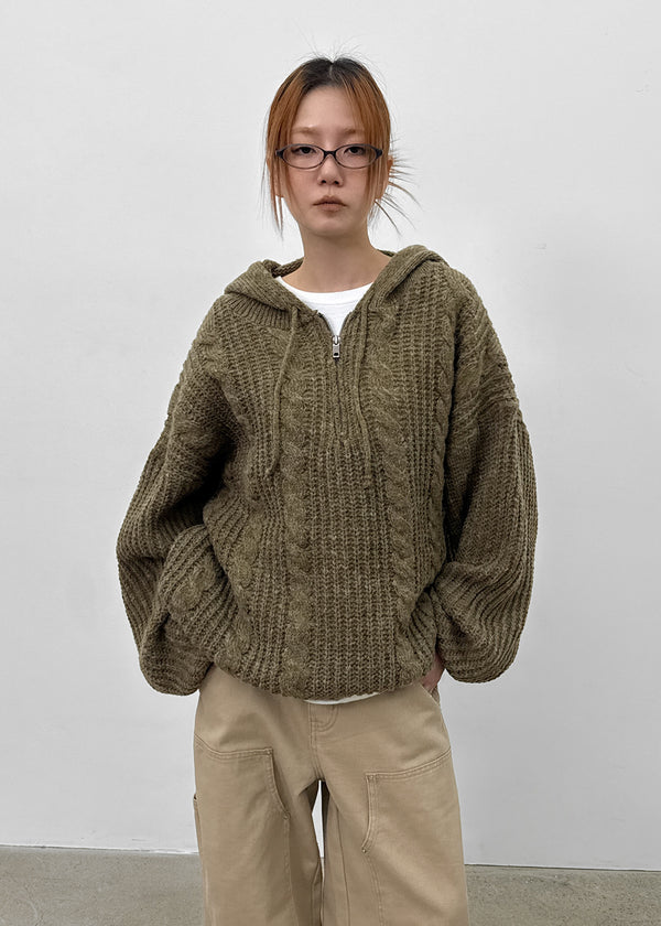 (UNISEX) Solpin Half-zip Cable Knit Hoodie