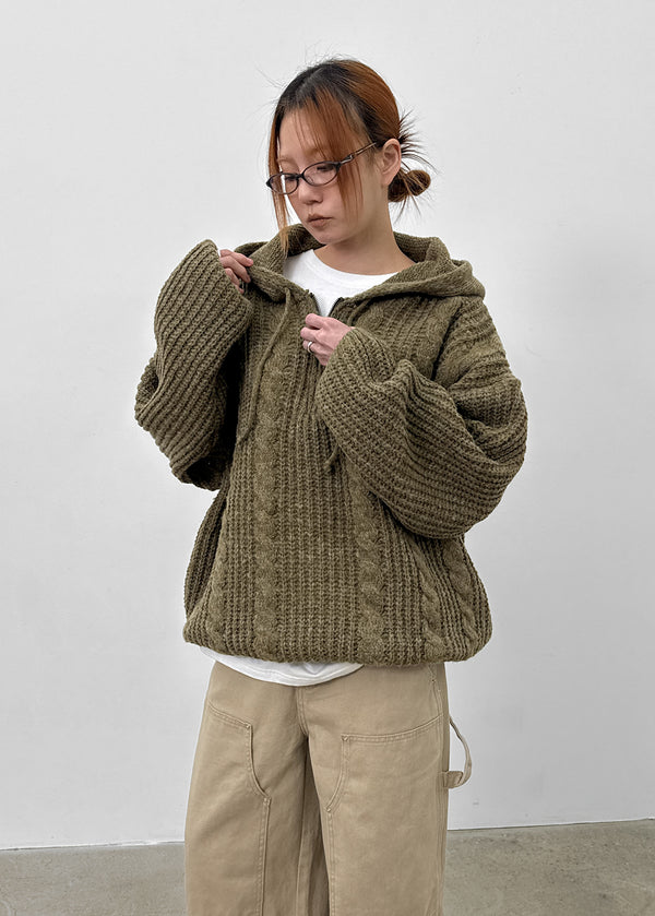 (UNISEX) Solpin Half-zip Cable Knit Hoodie