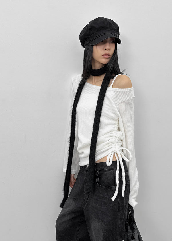 Garment Unbalanced Shirring Fleece Long Sleeve T-shirt