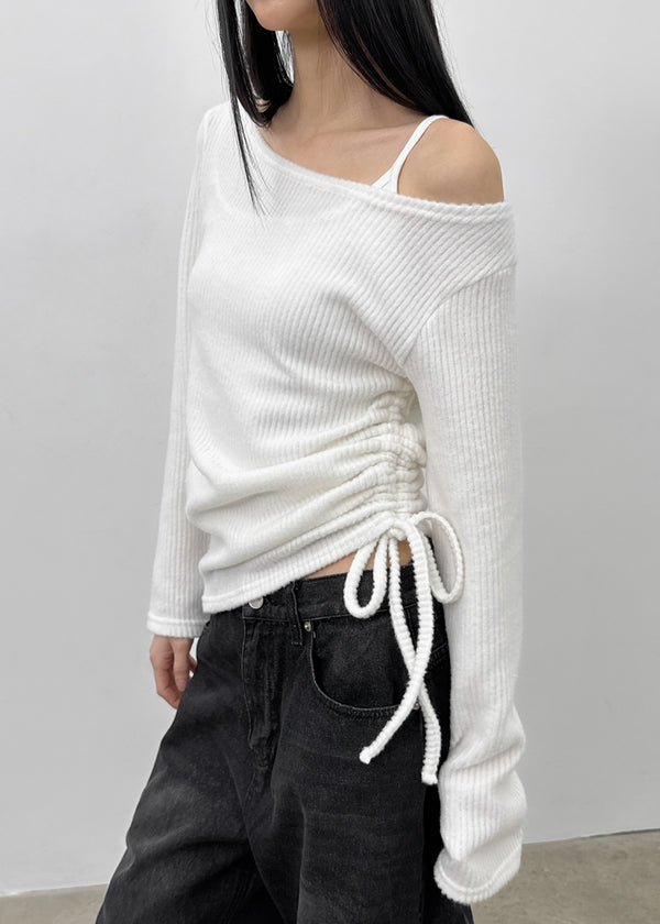 Garment Unbalanced Shirring Fleece Long Sleeve T-shirt