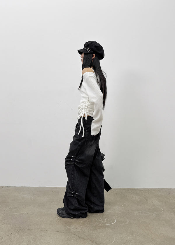 Garment Unbalanced Shirring Fleece Long Sleeve T-shirt