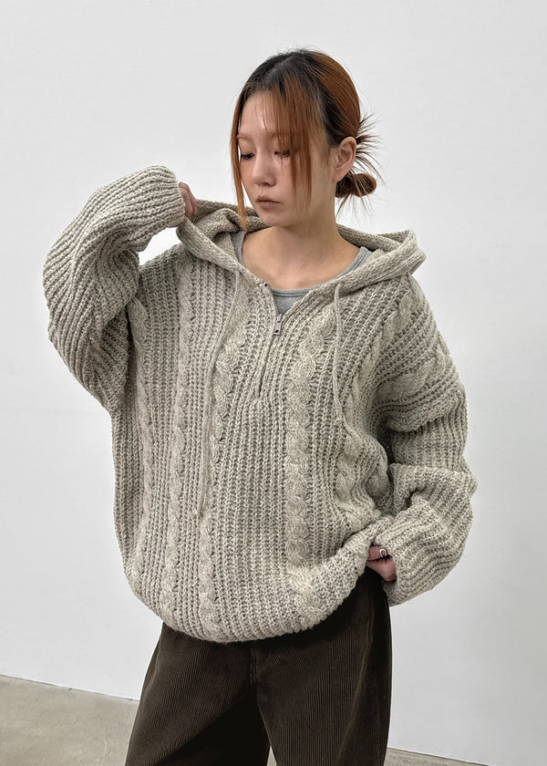 (UNISEX) Solpin Half-zip Cable Knit Hoodie