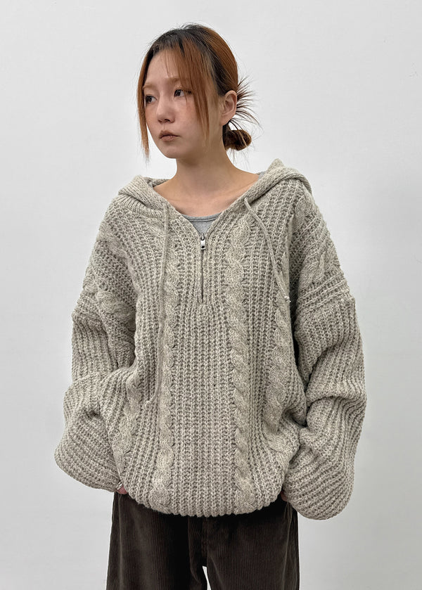 (UNISEX) Solpin Half-zip Cable Knit Hoodie