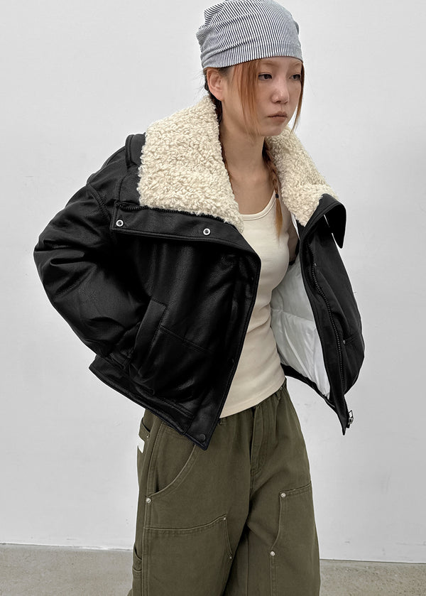 Menen High-neck Bookle Cropped Leather Padded Jumper