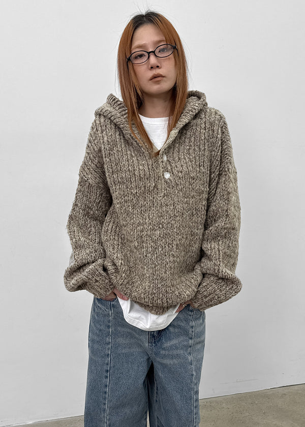 (UNISEX) Gelton Henley Neck Alpaca Knit Hoodie