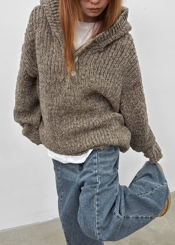 (UNISEX) Gelton Henley Neck Alpaca Knit Hoodie