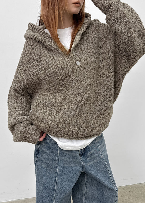 (UNISEX) Gelton Henley Neck Alpaca Knit Hoodie