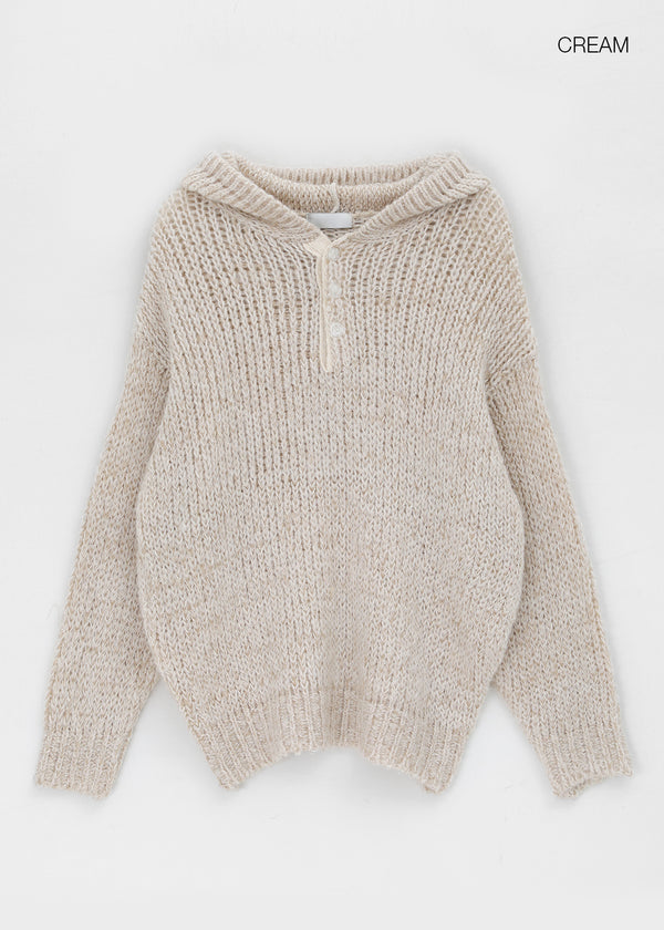 (UNISEX) Gelton Henley Neck Alpaca Knit Hoodie