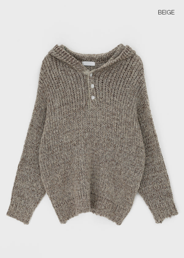 (UNISEX) Gelton Henley Neck Alpaca Knit Hoodie