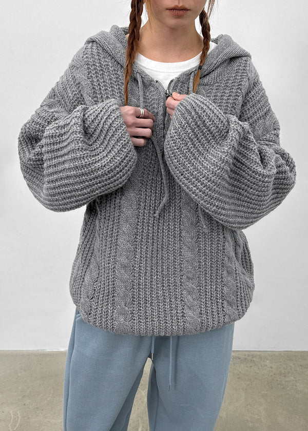 (UNISEX) Solpin Half-zip Cable Knit Hoodie