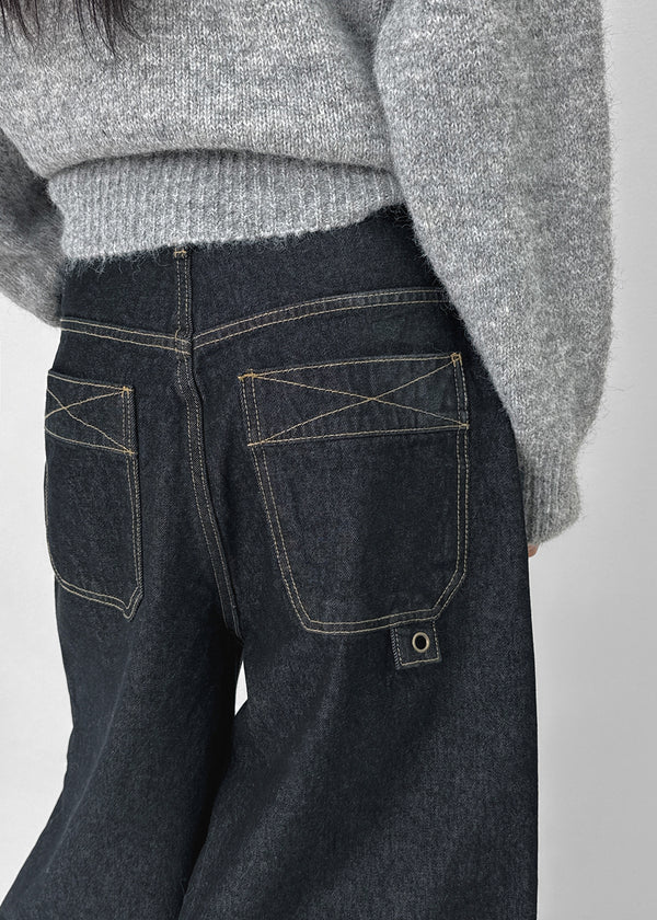 Long Bell Back Pocket Stitch Raw Fabric Wide Denim Pants