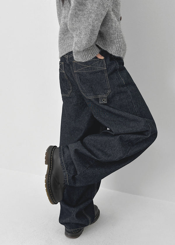 Long Bell Back Pocket Stitch Raw Fabric Wide Denim Pants