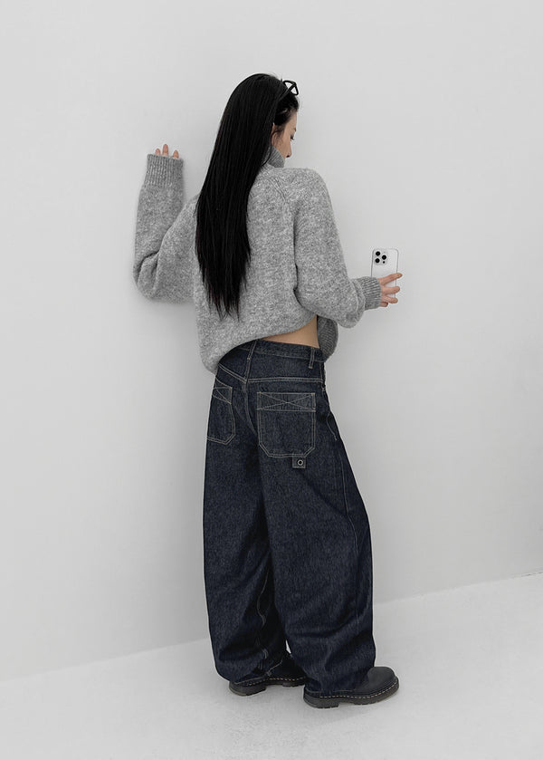 Long Bell Back Pocket Stitch Raw Fabric Wide Denim Pants